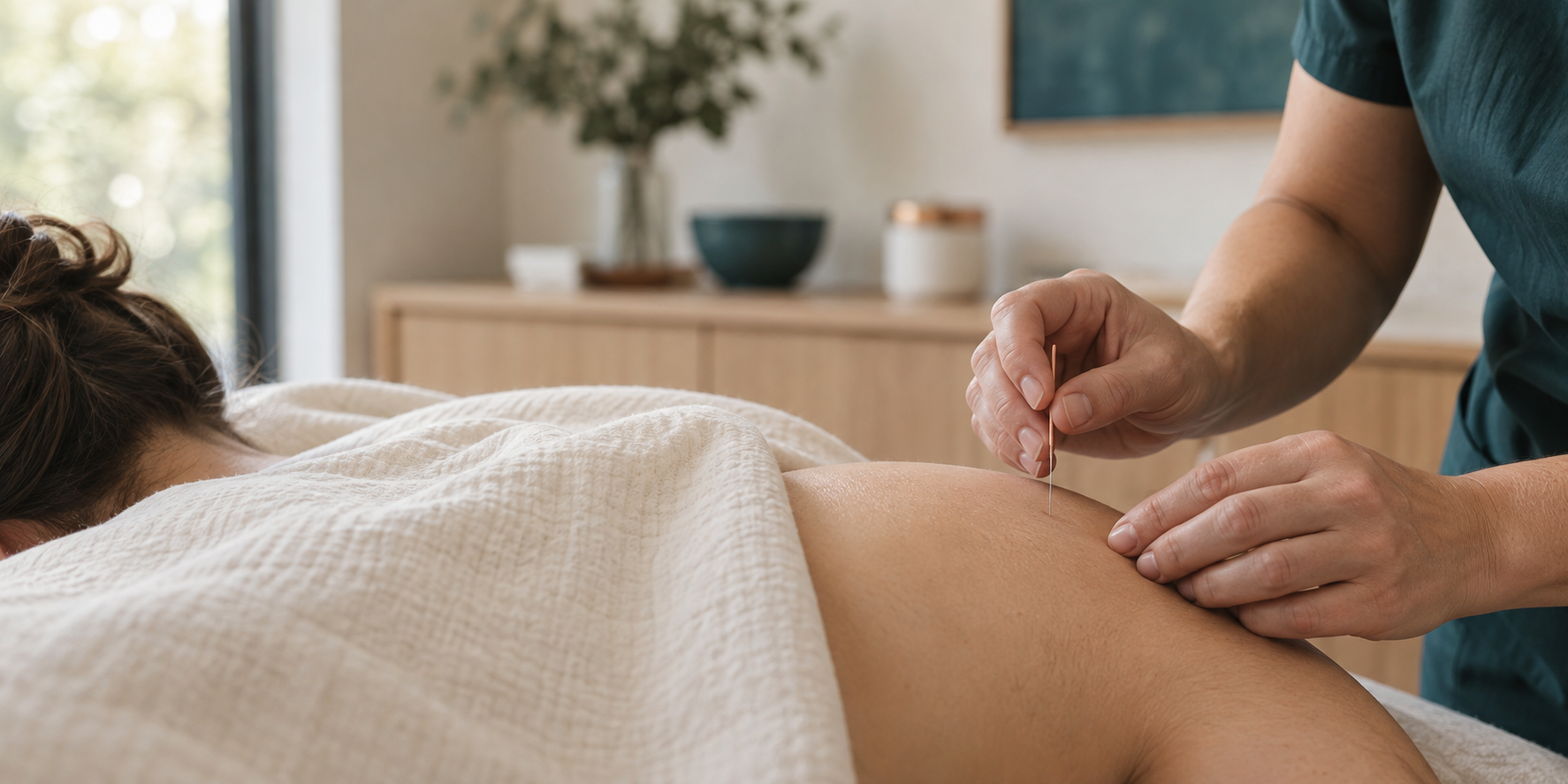 Illustrative image of an acupuncture treatment with careful needle placement