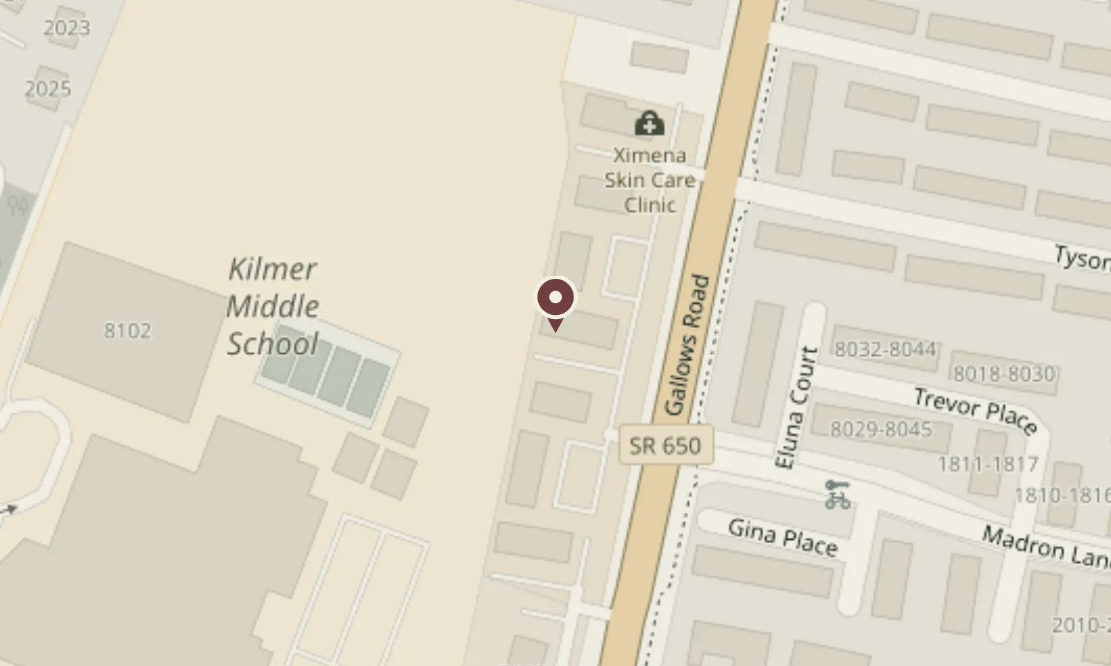 Map of the streets around Fingertips Acupuncture and Wellness, marked with a pin at 2106-D Gallows Road, Vienna, VA 22182.